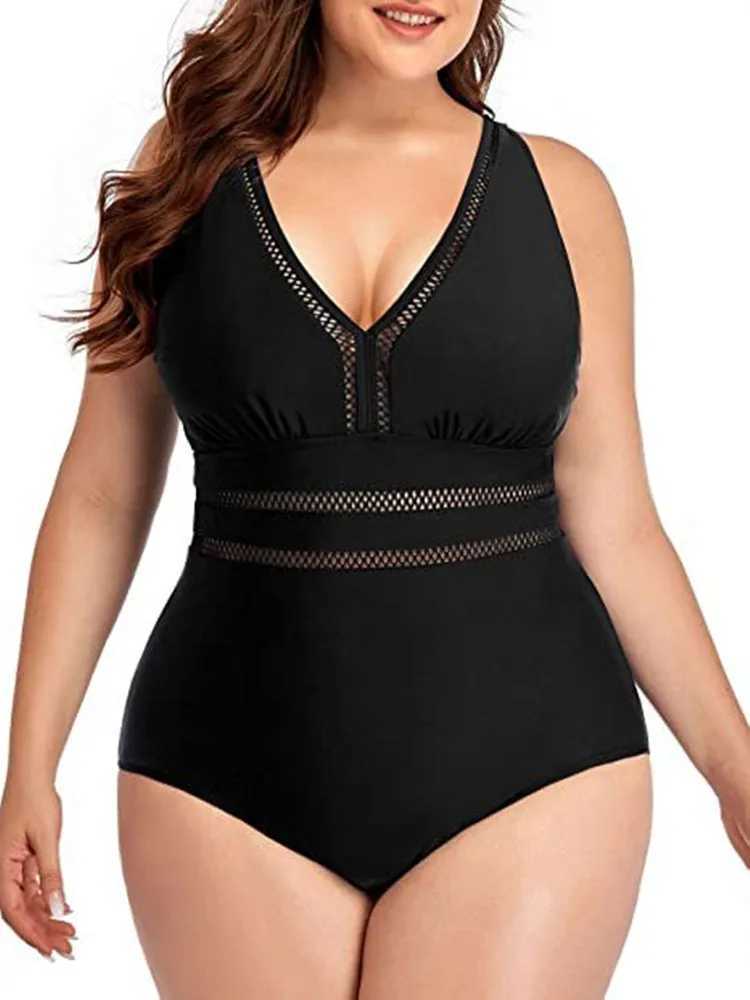 Plus Size Swimsuit Women 2023 Swimwear One Piece Tankini Large Size Solid Color Swimming Sport Mesh Stitching Bikini BathingXJ240108