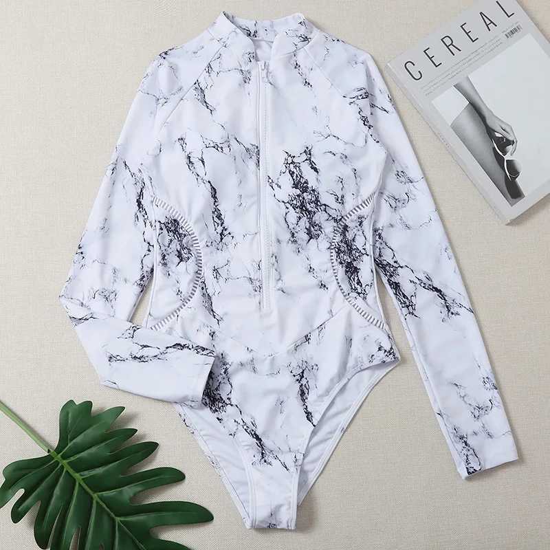White Solid Color One-Piece Swimsuit Long Seve Swimwear Sports Womens Swimming Bathing Suit Beach Bather Surfing Swim WearXJ240108