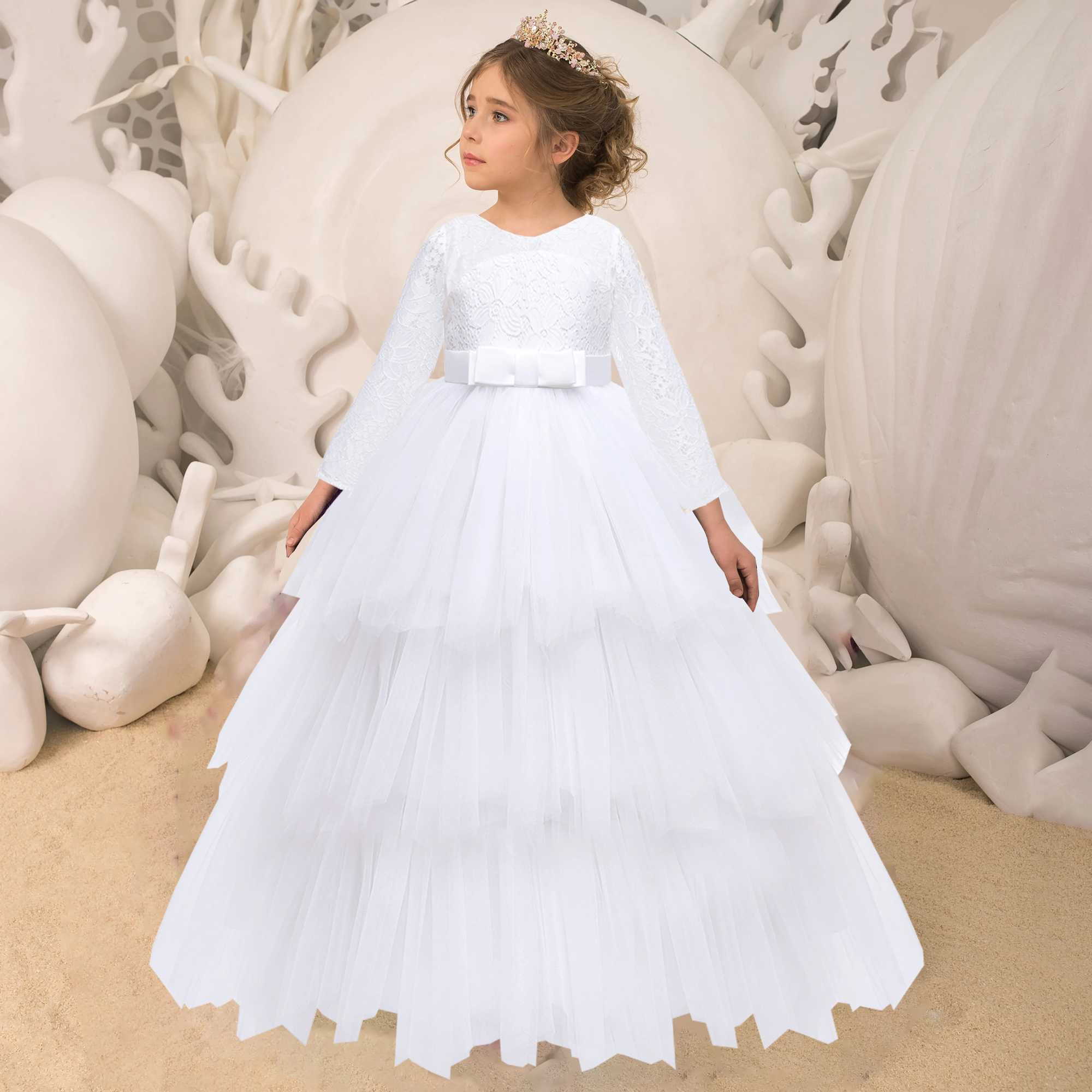 Formal Cake Lace White Bridesmaid Dress for Girl Long Sleeve Wedding Par Princess Dress Pageant Gown Children Costume 14 YearsXJ250108