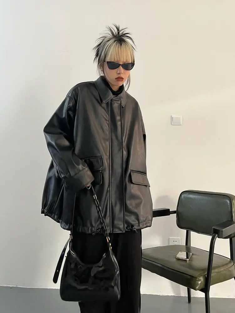 Tawaaiw Streetwear Black PU Leather Coats And Jacket Pocket Long Sleeve Y2K Gothic Autumn Spring Ladies Jackets Outerwear 250103