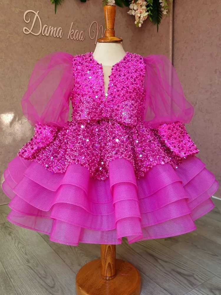 Girl Sequenant Nets Lace Larger Dress Vitamin V -neck Dress dress girl birthday par dress rose red first holy meal dressXJ250108