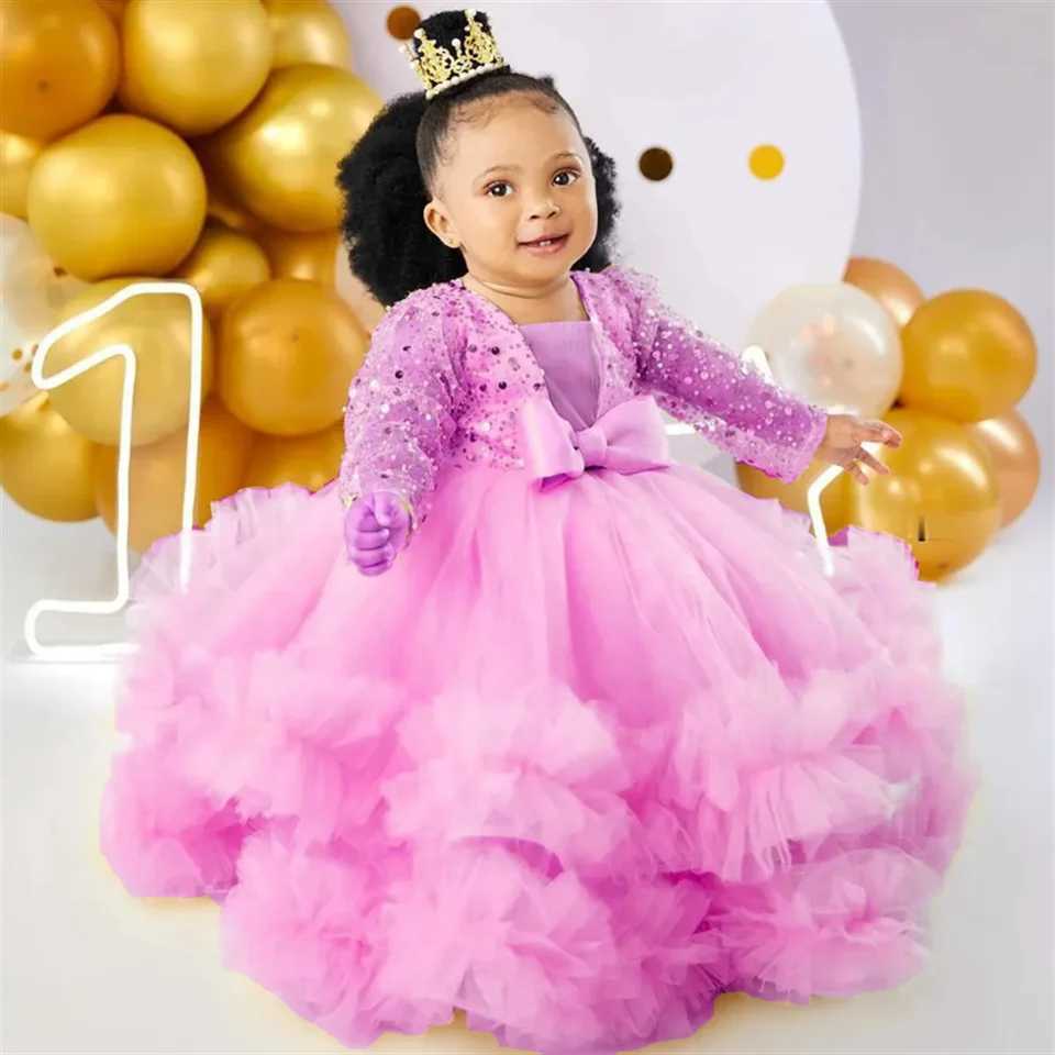 Beau Contest Sequined Pink Flower Girl Dresses V Neck Long Sleeves Lace Tiered Tulle Ball Gowns Flowergirl Dress BirthdayXJ250108