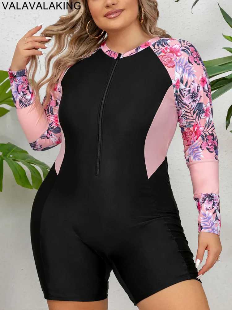 2025 Patchwork Plus Size Swimwear Women Long Seve Large One Piece Swimsuit Lady Brazilian Swimwear Curvy Chubby Bathing SuitXJ240108