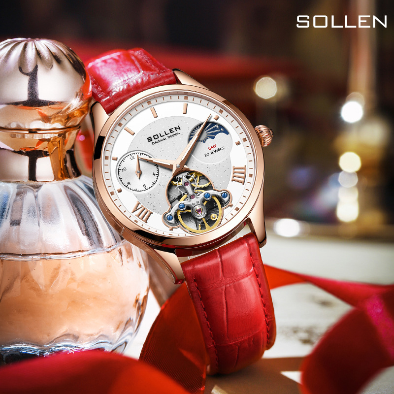 SOLLEN Women's Fashionable Multi-Function Skeleton Mechanical Watch with Leather Strap