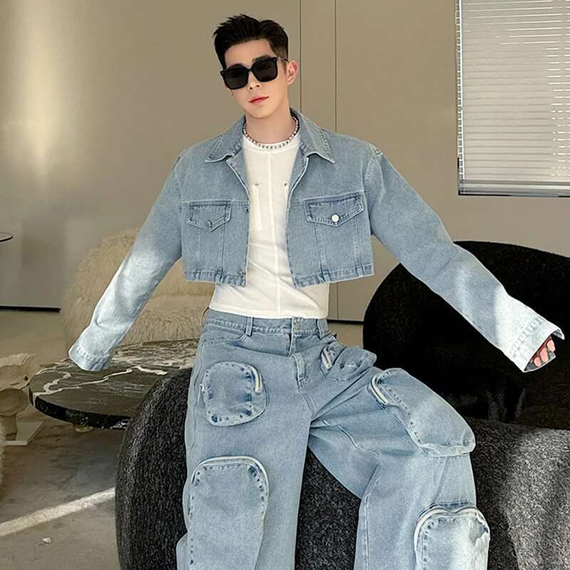 Autumn Stylish Splicing Design Denim Jackets Two-Piece Sets Men's 2024 Personality High Street Multi Pockets Pants