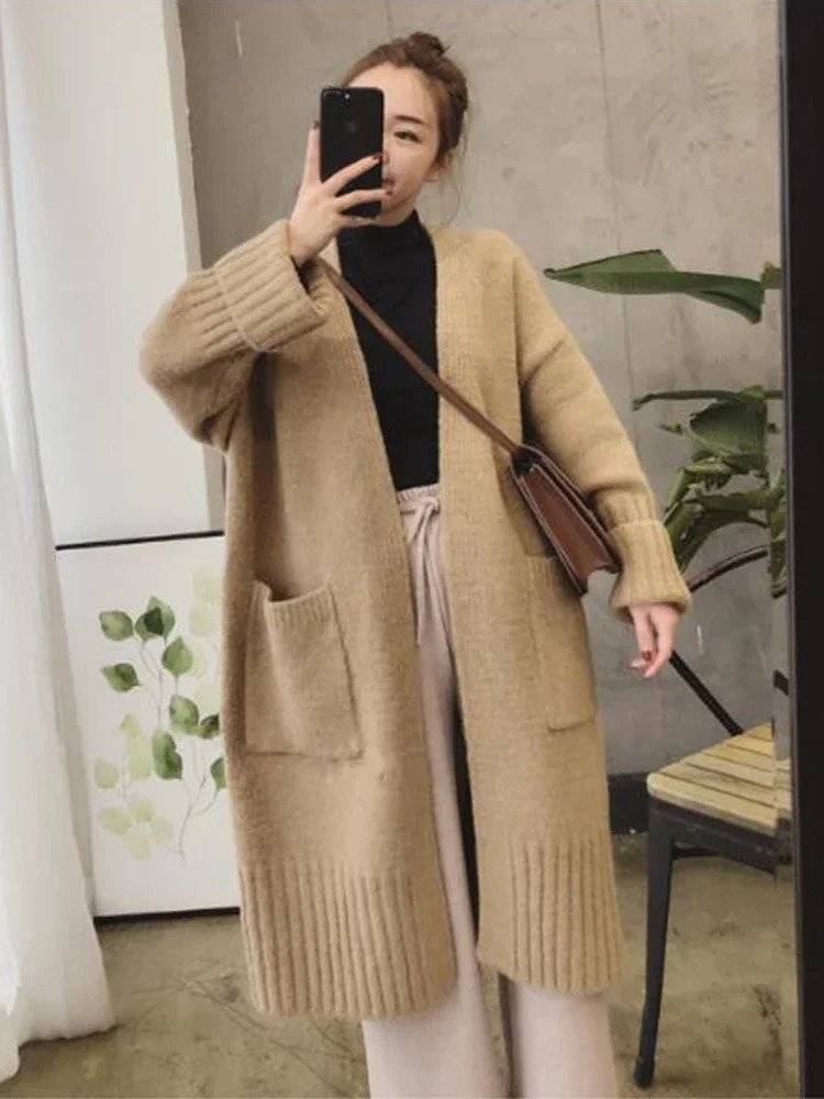 Autumn Winter Knitted Cardigan Women Sweater Jacket Elegant Vintage Loose Long Outerwear Maxi Y2k Sweater Coat Soft Jacket 250106