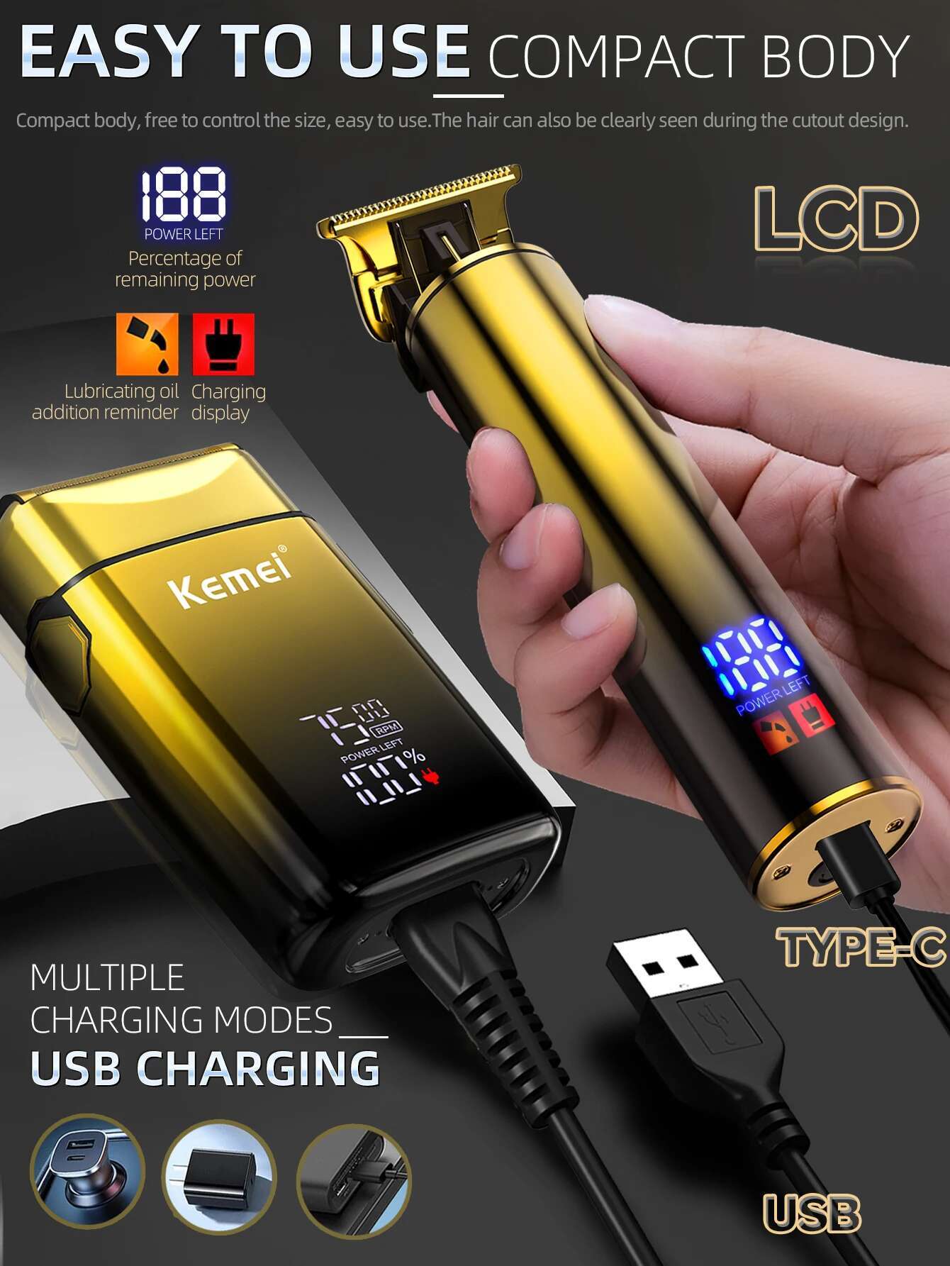 2-in-1 Electric Hair Set Men's Foil Shaver Professional Razor Barber Haircut Kit Beard Trimmer with LCD Display