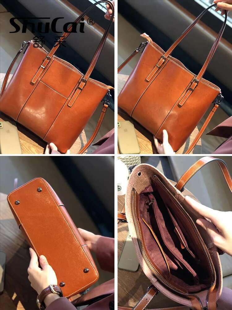 Woman Shoulder Soft Leather Large Square Tote Vintage Fashion Cowhide Handbag Shopping Crossbody Bag 2025 New