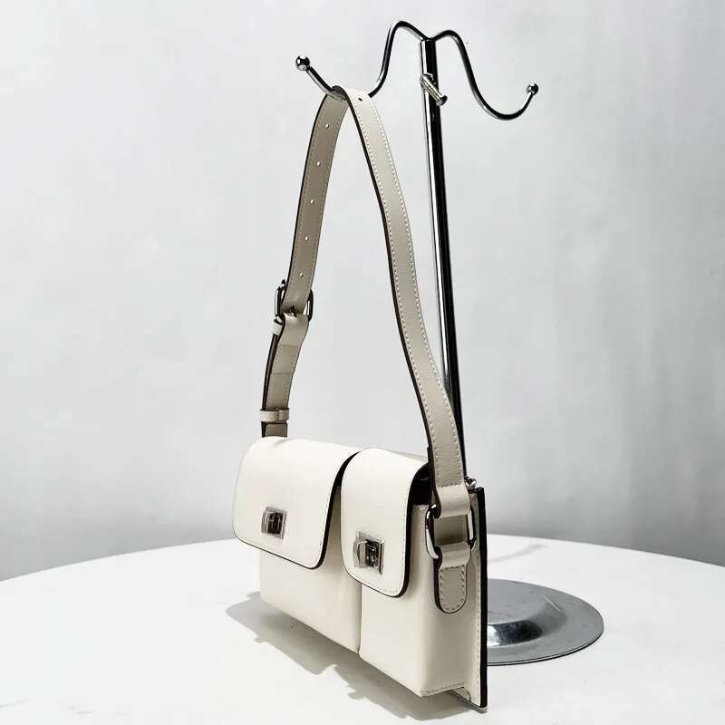 2025 New Genuine Leather Niche Classic Design Double Pocket Lock Closure Cowhide Box Bag Portable Shoulder Underarm Bags