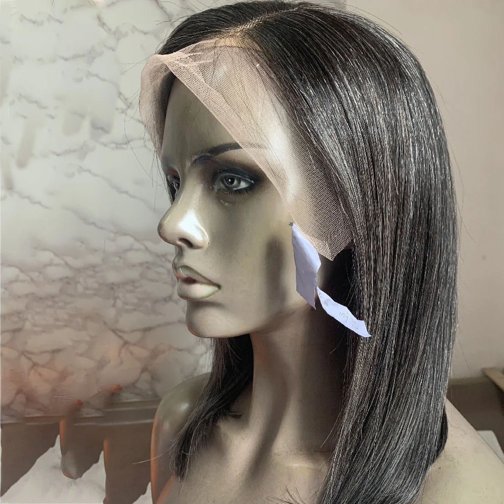 Salt and pepper real human hair gray bob wig for white women grey lace front human hair wigs 5x5 hd lace side part