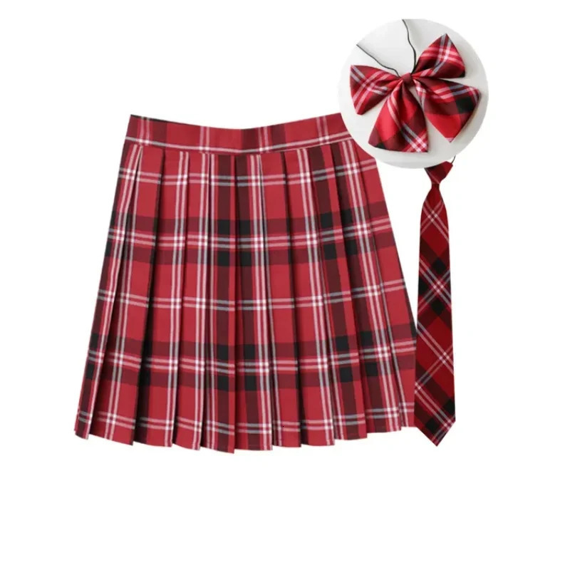 Women Summer Plaid Pleated Skirt With Necktie Bowtie Korean Jk Uniform Japanese School Preppy A Line Mini Skirts 250106