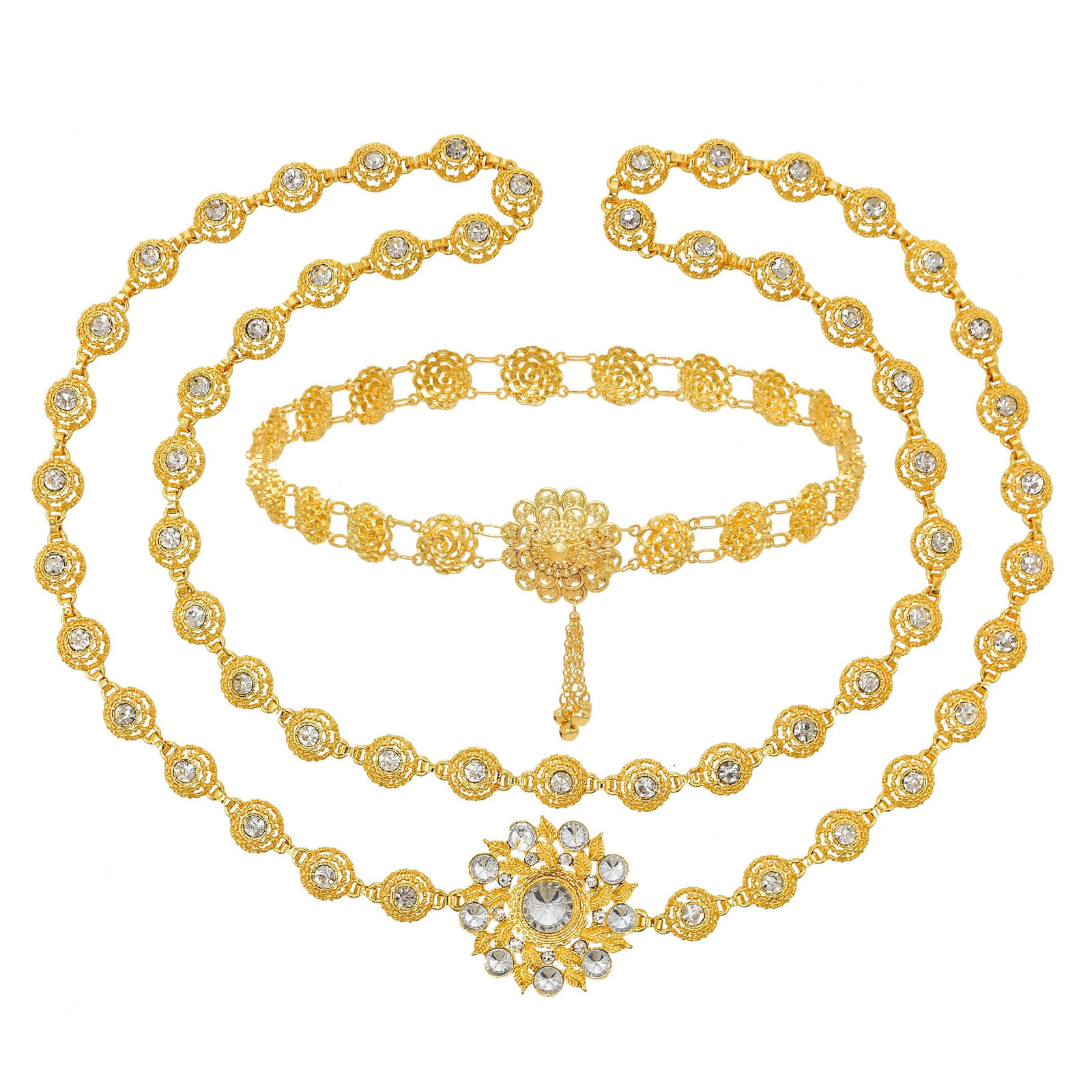 Golden Hollow Crystal Flower Diagonal Cross Shoulder Waist Chain Arab Ethnic Bride Wedding Accessories Womens Body Jewelry 250107