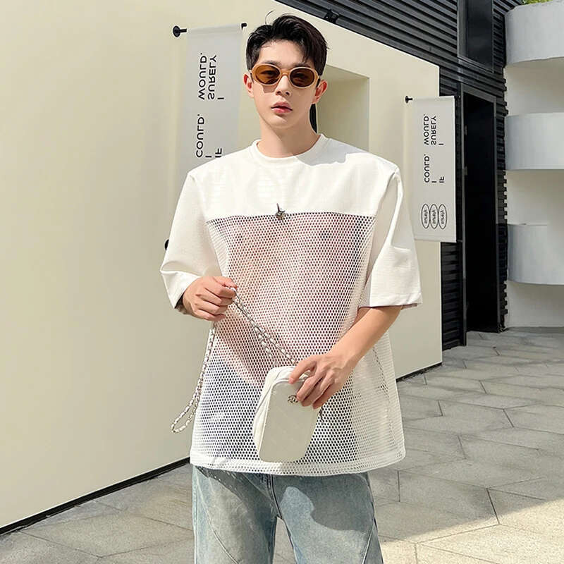 Hollow Out Mesh Splicing Design T-Shirt Short Sleeve Men's 2024 Summer Street High Quality Solid Color Trendy Tops 5C8911