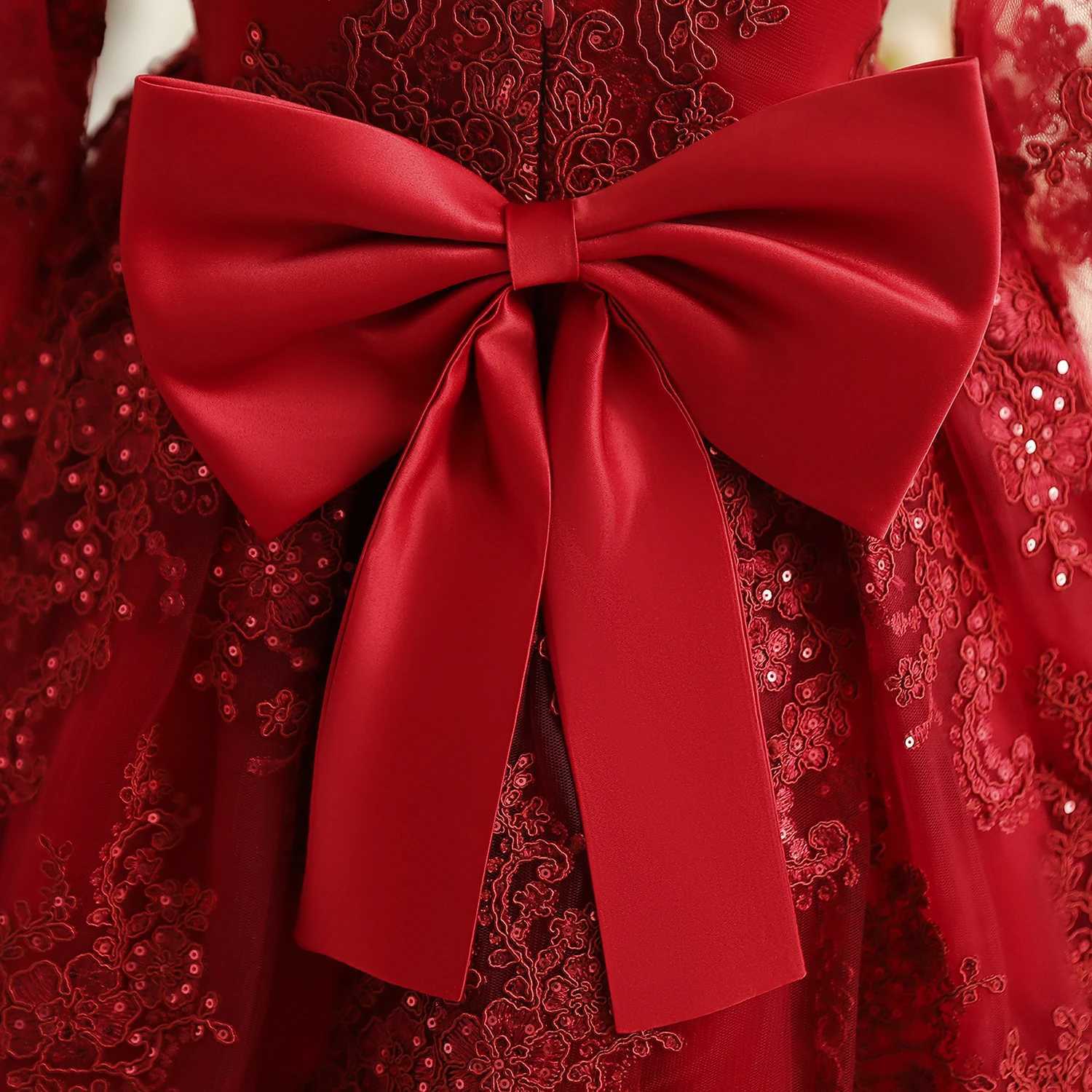 Red Girls Lace Par Dress Long Sleeve Flower Elegant Wedding Evening Gown Backless Bow Tulle Princess Pageant Formal DressXJ250108