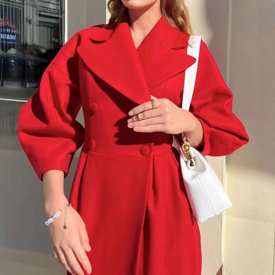 European American Autumn And Winter New Lantern Sleeve Big Collar Fashionable Woolen Long Coat
