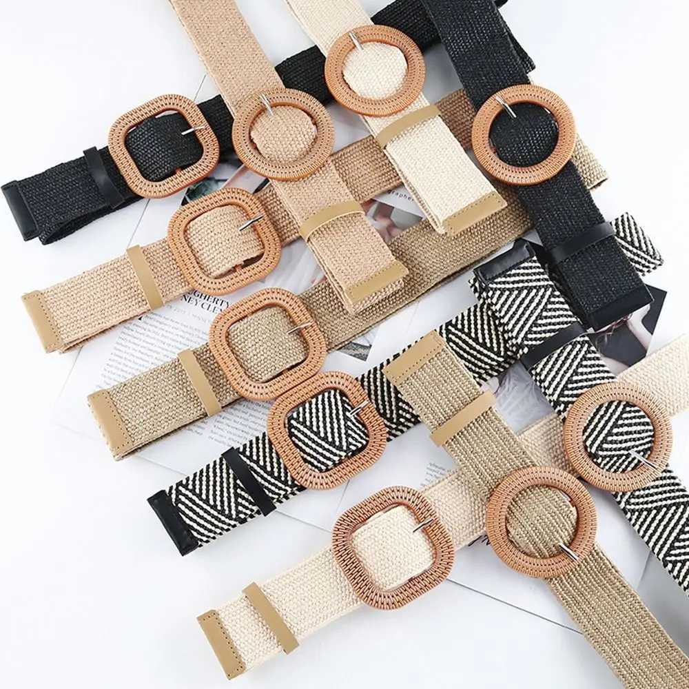 Fashionable womens casual bohemian wide waistband summer woven waistband buckle elastic womens grass belt W250109