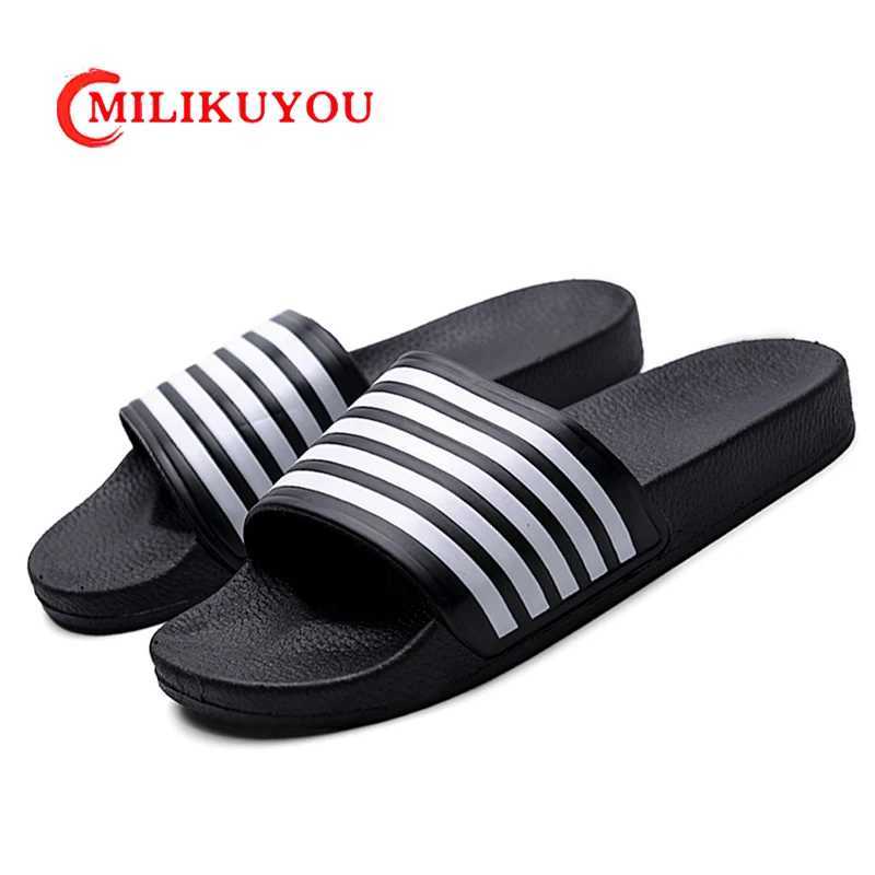 Slippers brand mens summer striped pool slider couple casual slider beach large-size sandals unprinted shoes indoor bedroom shoes M250108