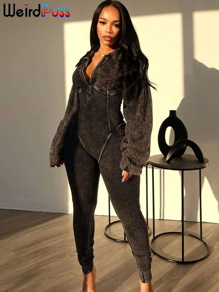 Weird Puss Washed Distressed Jumpsuit Women Ribbed V-Neck Solid Skinny Long Sleeve Fall Casual Trend Simple Activity Streetwear
