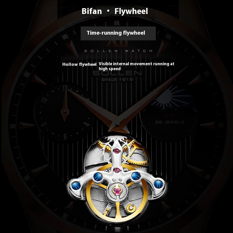 SOLLEN Men's Automatic Mechanical Watch with Skeleton Dial and Dual Time Zone