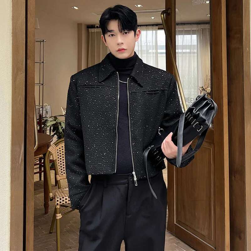 Stylish New Elegant Short Jacket Men's High Quality Trendy Sequin Outerwear Double Opening Zipper Korean Coat B2d7e9
