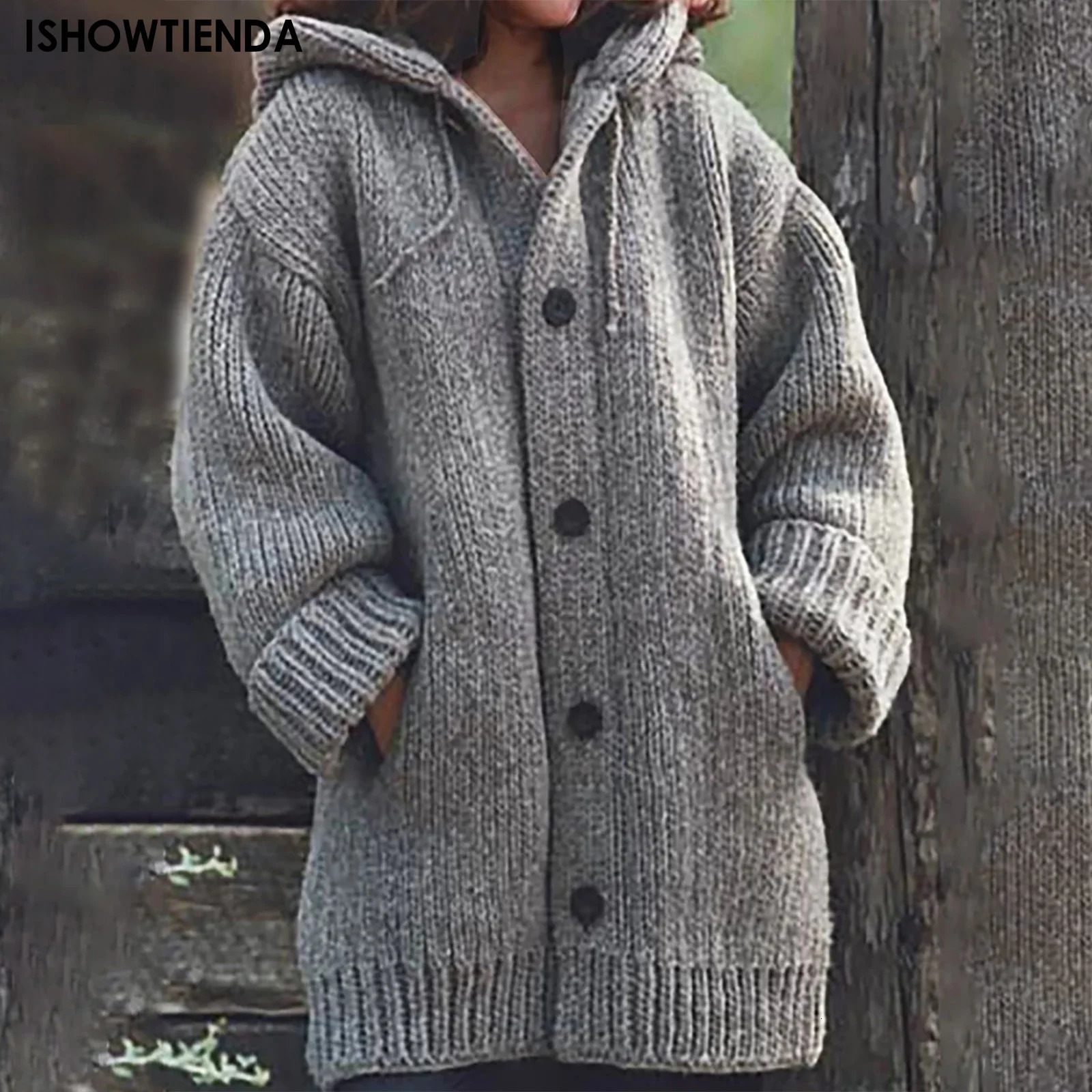 Solid color cardigan sweater for women plush and thick autumn and winter hooded and minimalist jacket Pocket Shawl for wome 250106