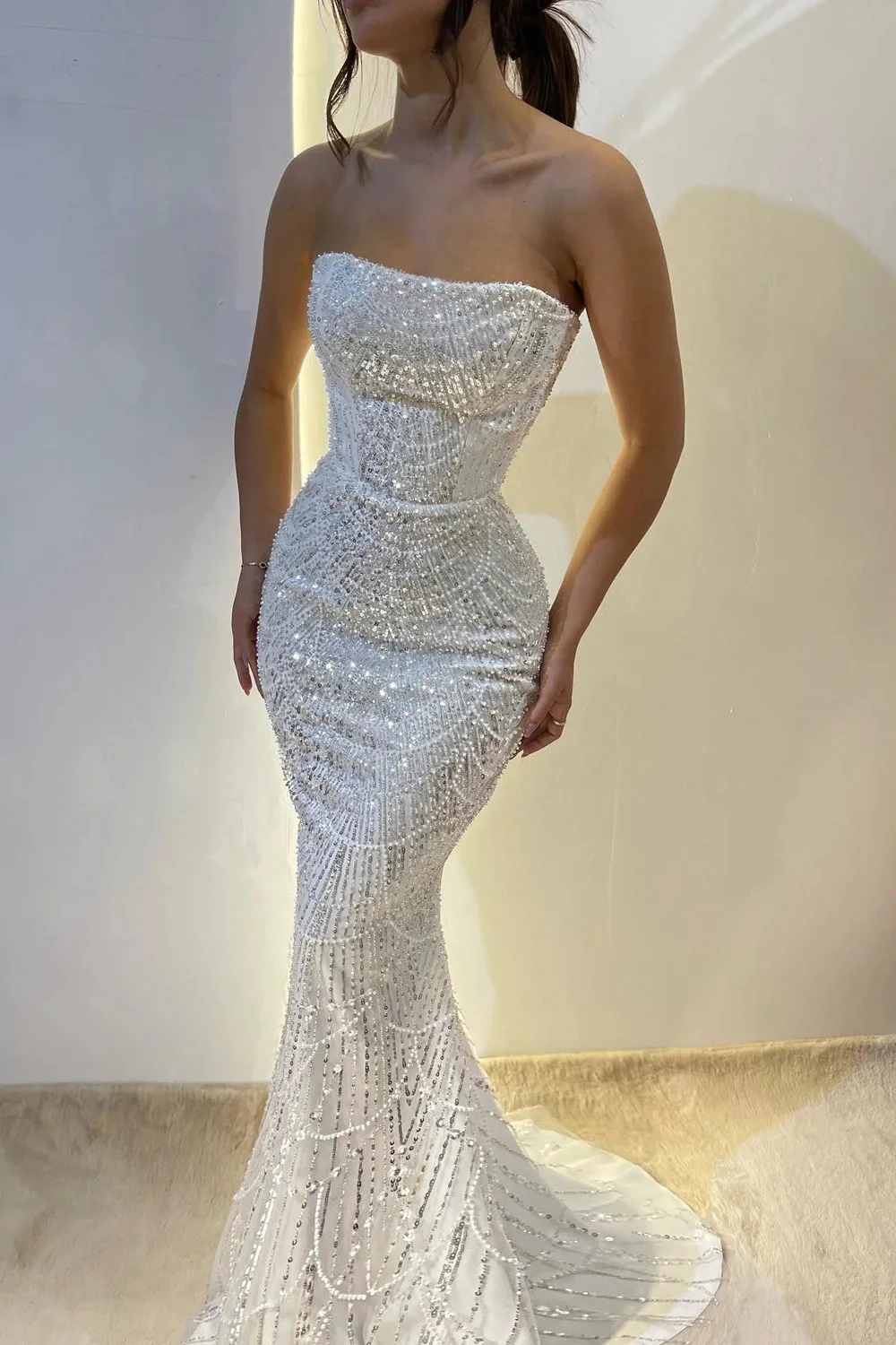 Strapless Mermaid Evening Dress Women - Sequined Beaded Sweep Train Gown, Custom Made for 2024 Parties