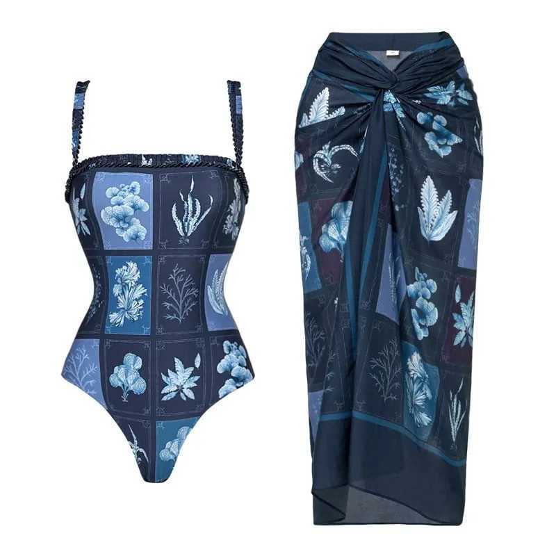 2024 New Print One Piece Swimsuit For Women Swimwear with Skirt Bathing Suit Monokini Beach Bodysuit Beach WearXJ240108