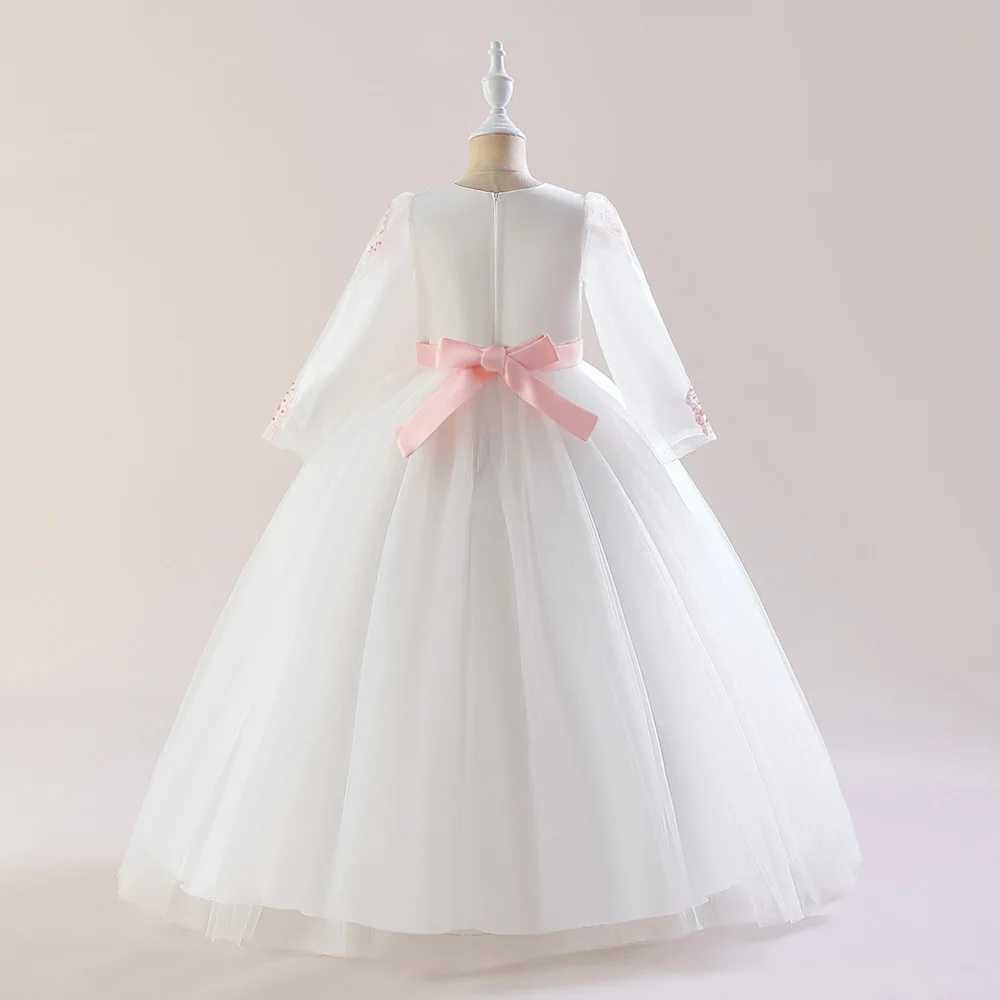 Fashion Beading Girls Par Dresses Elegant Flower White Bridemaid Wedding Birthday Par Dress for Kid Long Sleeve Banquet GownXJ250108
