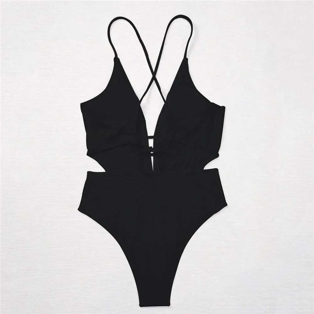 Sexy Black Ribbed ss Swimwear Woman 2024 One Piece Swimsuits String Cross Swimming Wear Bathing Suit Bathers BodysuitXJ240108