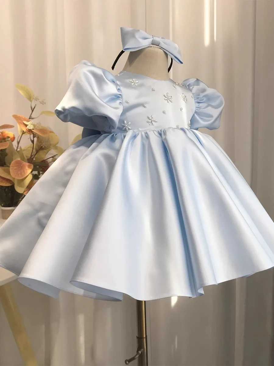 Sky Blue Satin Toddler First Birthday Par Dresses Puffy Sleeves Wedding Flower Girl Dress Pearls Holy Communion Baptism GownsXJ250108