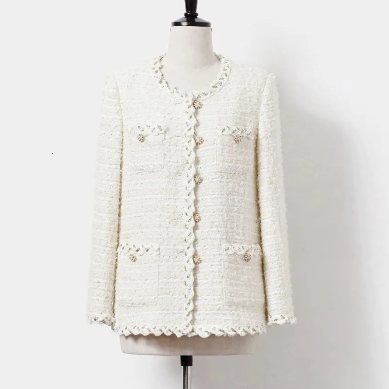 Beige womens tweed jacket autumn/winter Coat tassel n small fragrant jacket One piece classic top 250109