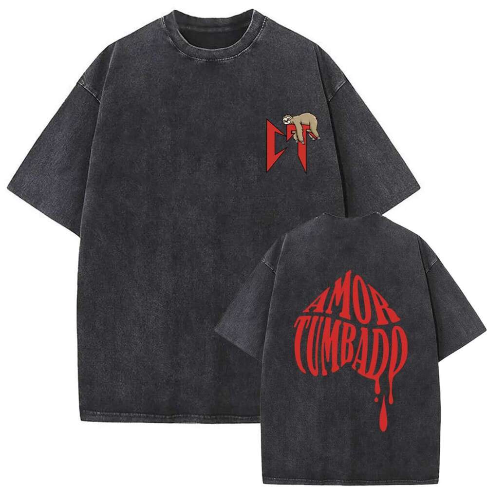 Wash water new loose T-shirt men's red heart letter Cupid love print pattern