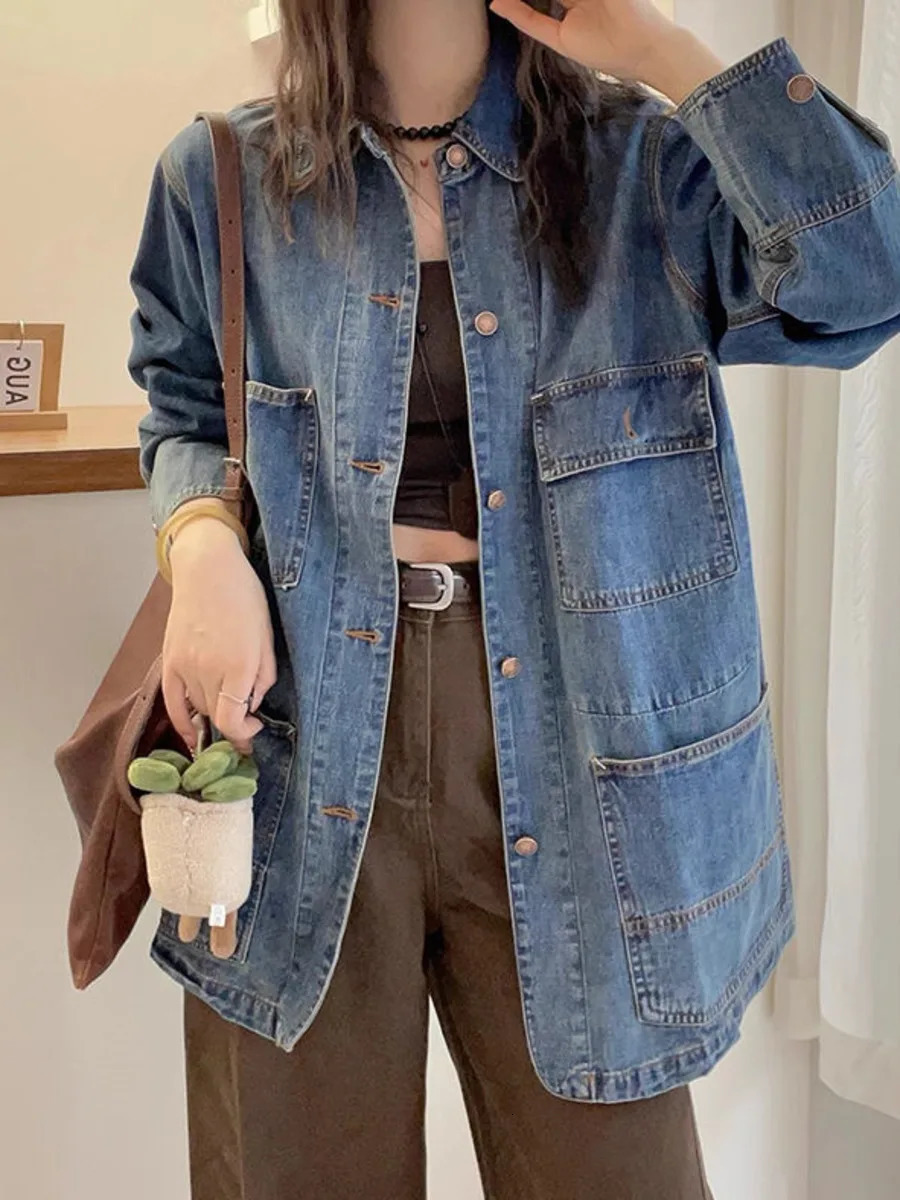 Multiple Pocket Cargo Denim Jacket for Women Spring Autumn Chic Long Sleeve Casual Loose Versatile Jean Coat Outerwear 250109