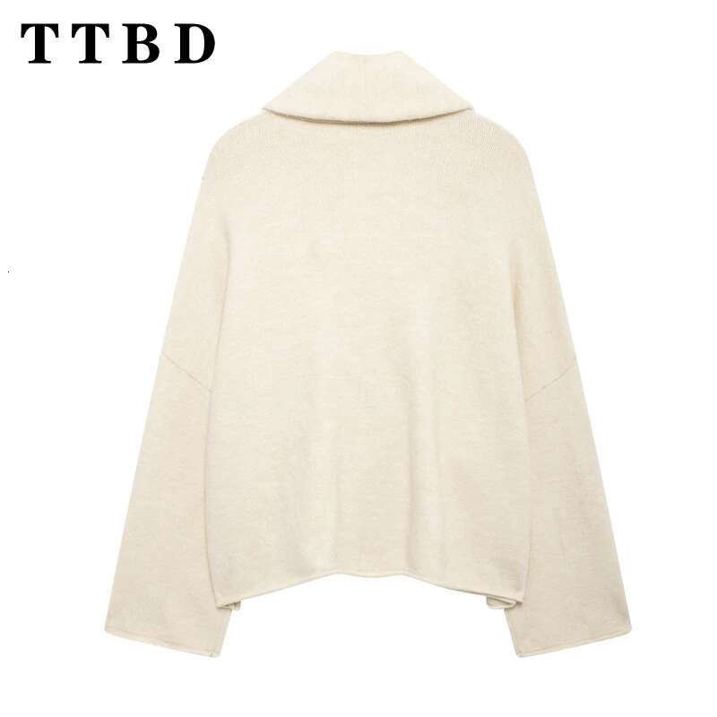 TTBD 2024 New Autumn Woman Casual Solid Color Knit Button Long Sleeve Cardigan Female Fashion Ruffles Turn-Down Collar Top Coat