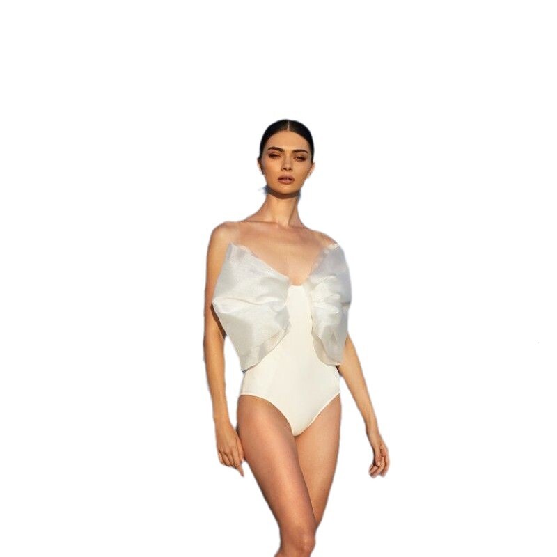 2025 new one-piece women's satin strapless light colored wedding dress with bubble sleeves and shawl white short skirt designer women's fash