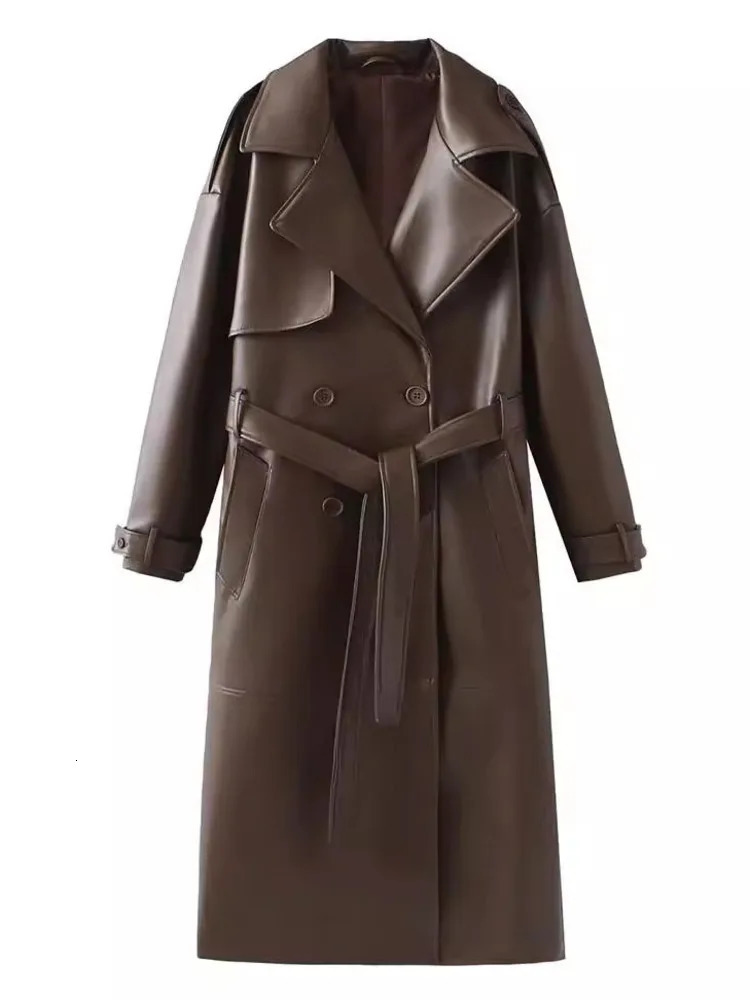 IEQJ Fashion Womens Pu Leather Trench Coat Lapel Long Sleeve Belt Solid Color Casual Windbreaker 2025 Autumn Jacket WM23 250103