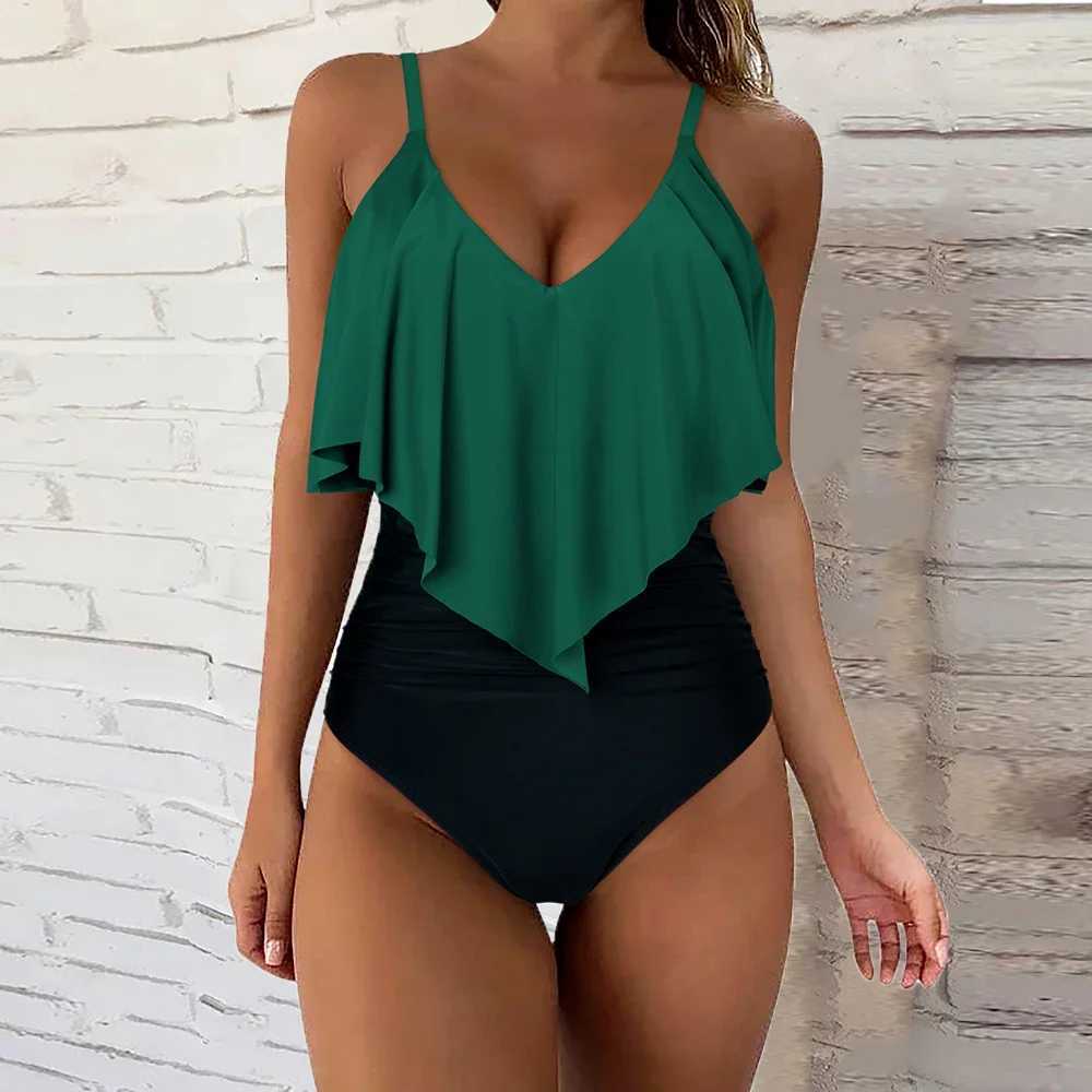 Tankini One Piece Swimsuit Women Plus Size Swimsuit Bathing Suit Ruff Halter Beachwear Monokini One Piece Swimwear Women 2024XJ240108