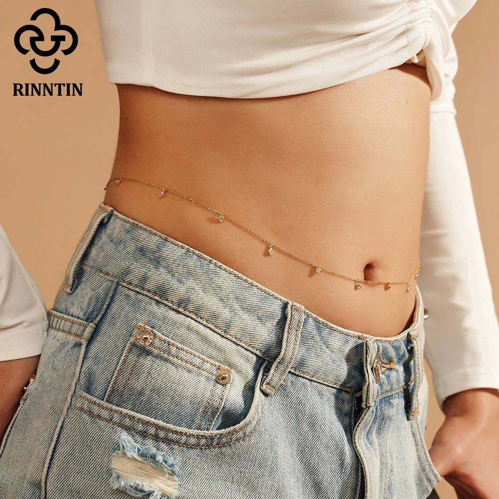 Rinntin Fashion Sexy Body Chain with Clear CZ 925 Sterling Silver for Women Sexy Belly Belt Waist Chain Summer Accessories CW01 250107