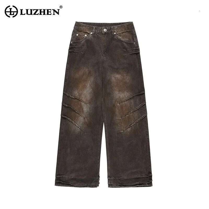 High Street Straight Jeans Pleated Rusty Wornout Design Personalized Wide Leg Denim Pants American Cowboy Trousers