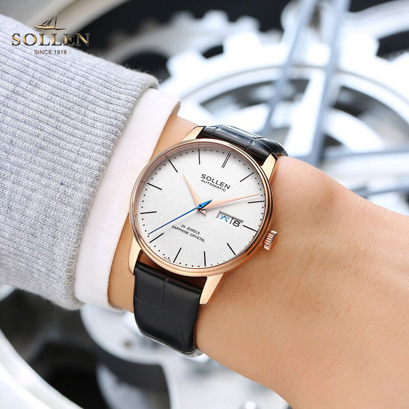 Stylish SOLLEN Business Automatic Watch with Dual Calendar and Leather Band