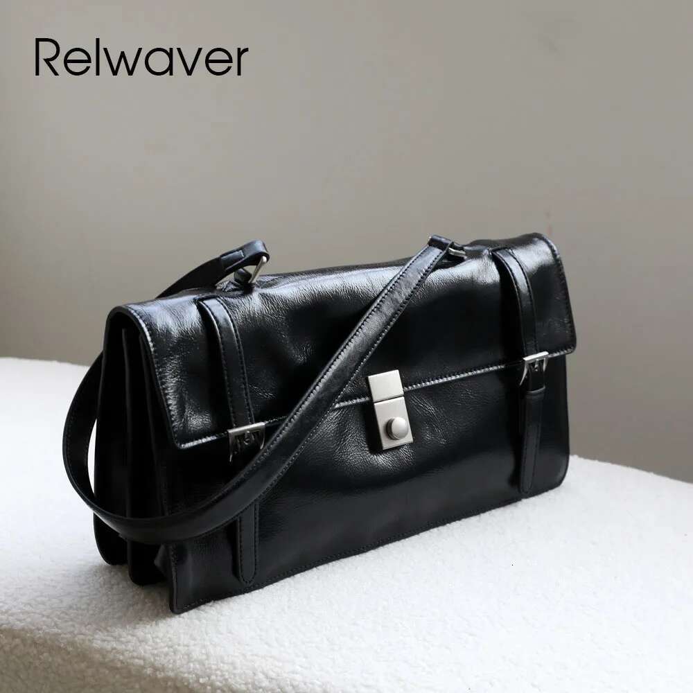 Relwaver Women Shoulder Bag Waxy Genuine Cow Leather Bags 2025 Spring Summer Accordion Side Flap Fashion Big Handbags