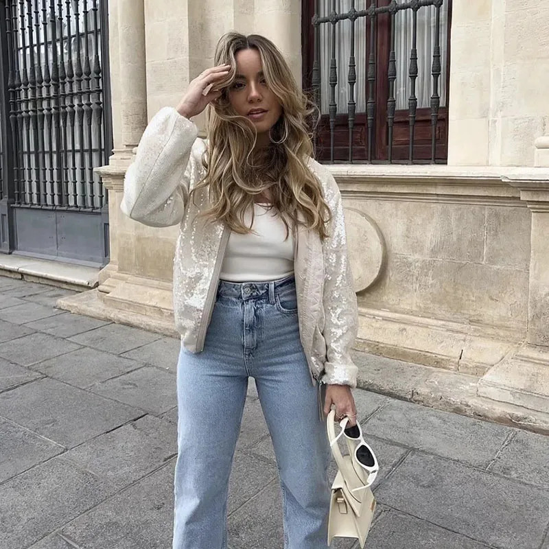 Xpqbb y Sequin Bomber Jackets Women Fashion Shiny Round Collar Zipper Baseball Coat Female Streetwear Y2K Sexy Outerwear 250109