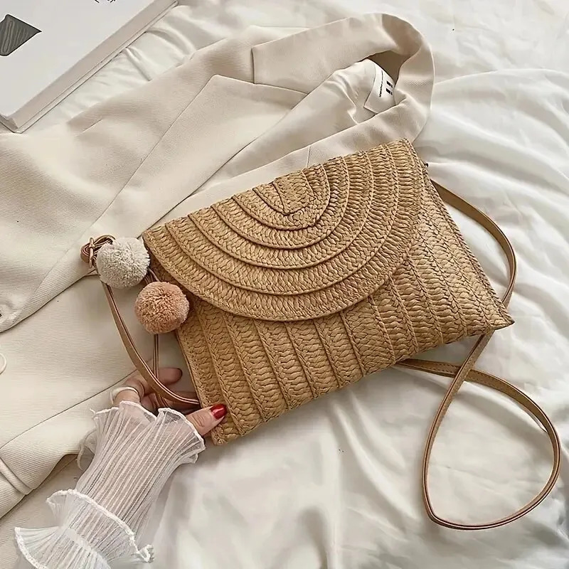 Handmade Straw Beach Shoulder Crossbody Bag Girls Envelope Woven Summer Small Hair Ball Cluth 250106