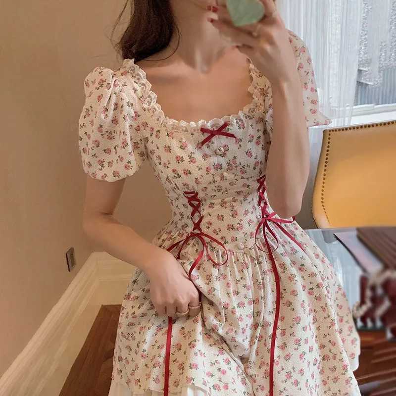 Summer Womens Puff Sleeves Fashion Small Fresh Forest System Flower Sweet Dress M250109