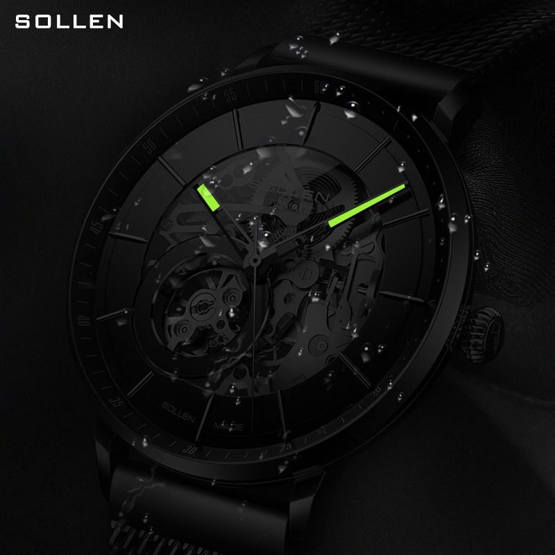 SOLLEN Trendy Men's Automatic Watch with Skeleton Dial and Night Glow Feature