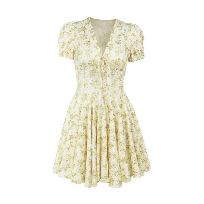 Womens printed sexy tight corset V-neck puff sleeve pleated A-line mini dress 2025 summer holiday party Y2k womens long robe M250109