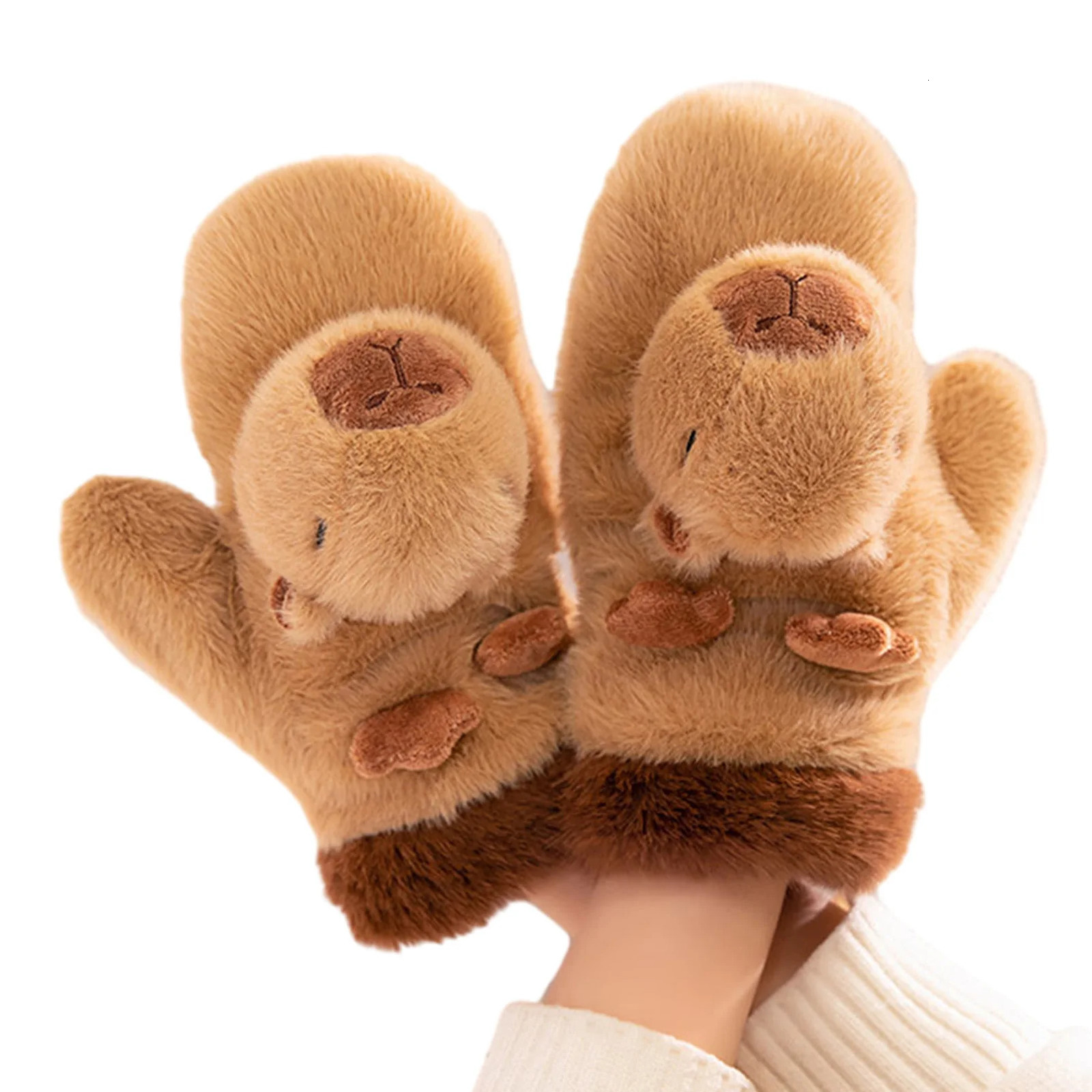 Womens Plush Winter Gloves Kawaii 3D Capybara Cold Weather Warm Outdoor Activity Travel 241223