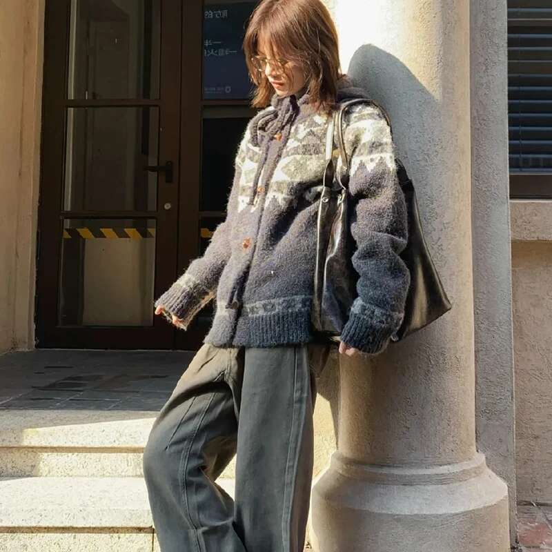 Fair Isle Vintage Hooded Cardigans Women Japanese Style Horn Button Long Sleeve Sweater Coats Woman Thicken Warm Jackets Female