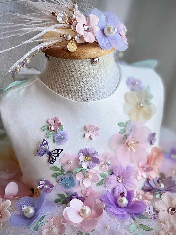 Girls Flower Pearl Lolita Princess Dress 2024 New Butterfly Wings Fluffy Dress Carnival Birthday Par Performance CostumeXJ250108