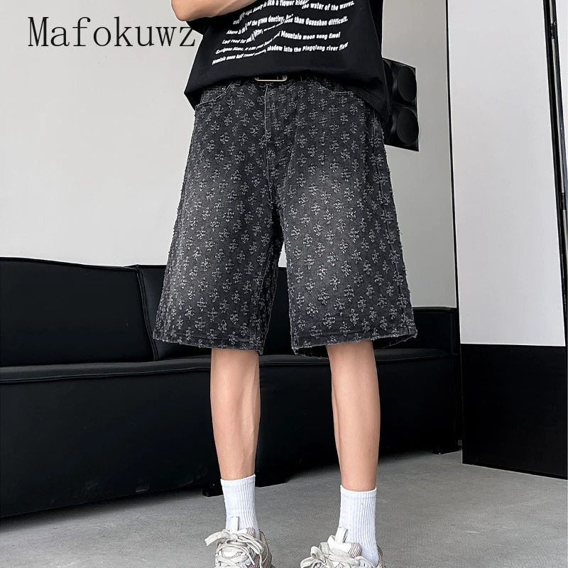 Spring Summer Retro Niche Jacquard Ripped Denim Shorts Mens High Street Handsome Loose Casual Straight Fivepoint Pants 250107